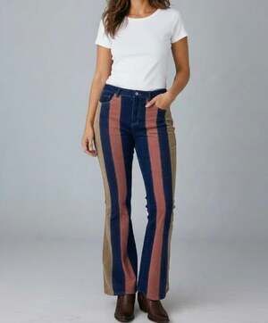 Versona Sz 14 S Retro 70s Style Boho Patchwork Flare Jeans Striped Colorblock